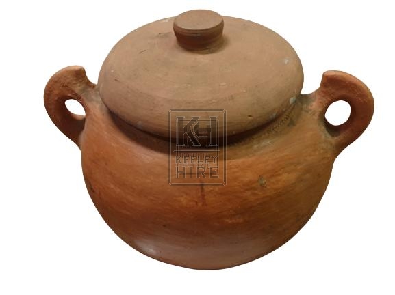 Bulbous earthenware pot with lid