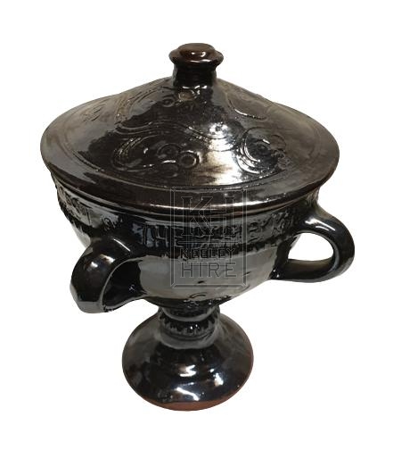 Black ceramic pot with lid & handles