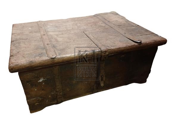 Medium flat wood chest with iron work