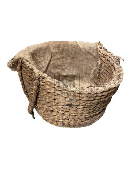 Damaged Straw Basket with Hessian Top