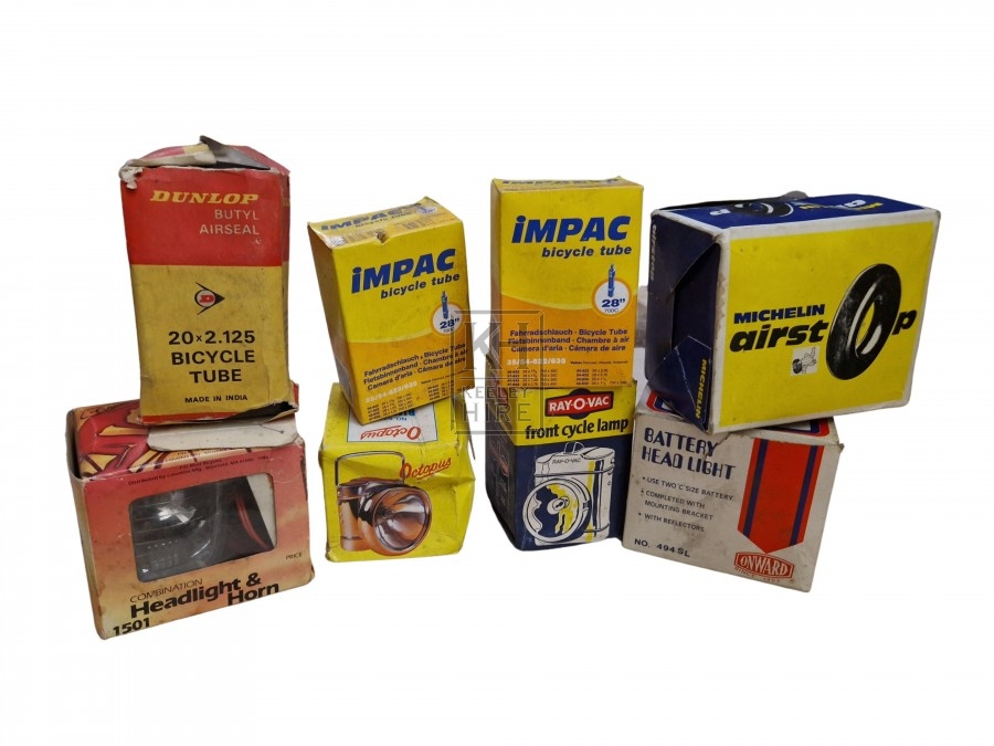 Assorted bike parts boxes