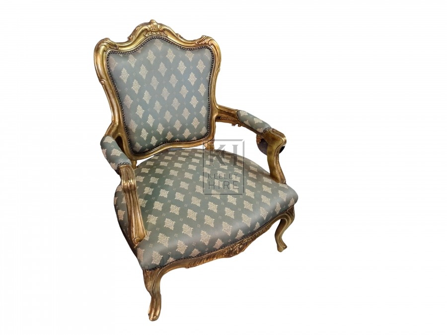 Ornate Gold & Green Upholstered Chair With Arms