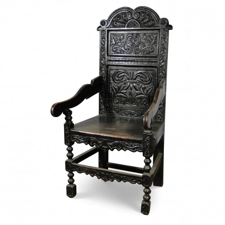 Shaped Top Dark Carved Wood Arm Chair