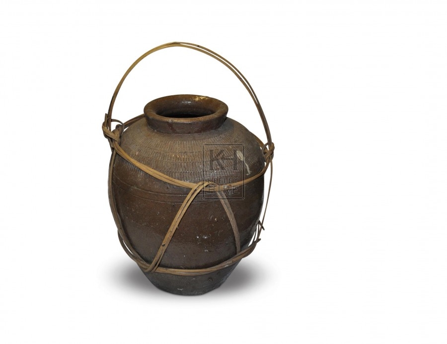 Dark Clay Pot With Reed-Wrap Handle