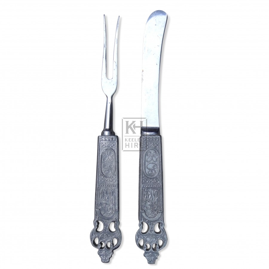 Small Ornate Pewter Knife And Fork