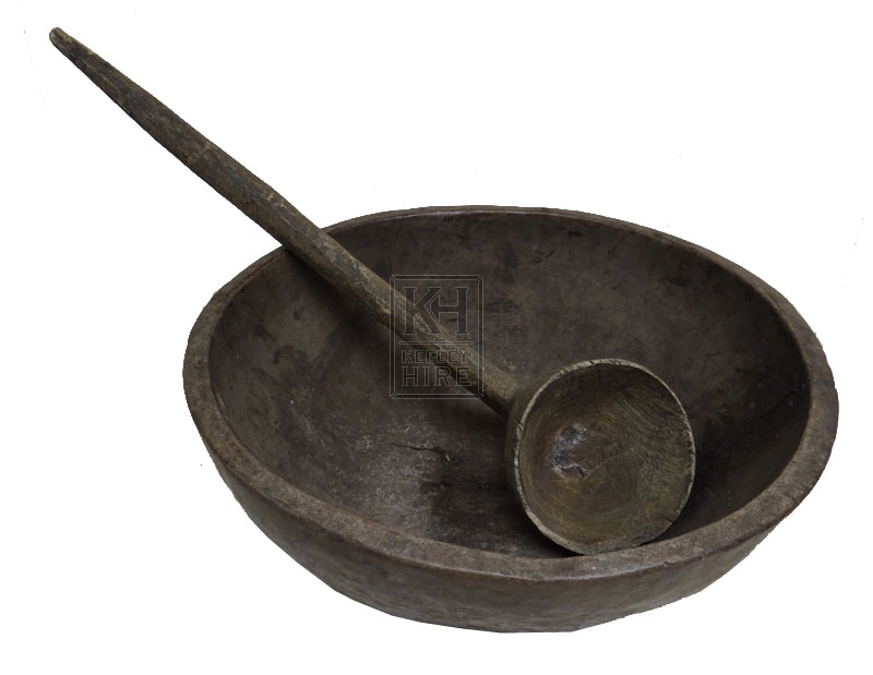 Large wood bowl and ladle