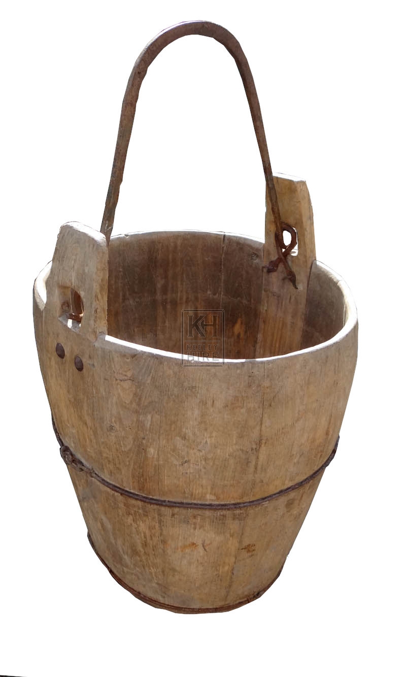 Bulbous wood bucket with iron bands