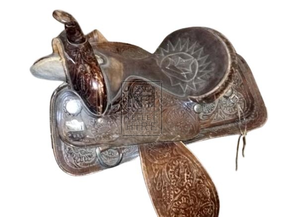 Brown leather western saddle
