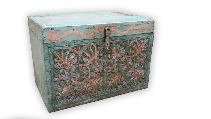 Carved painted flat top trunk