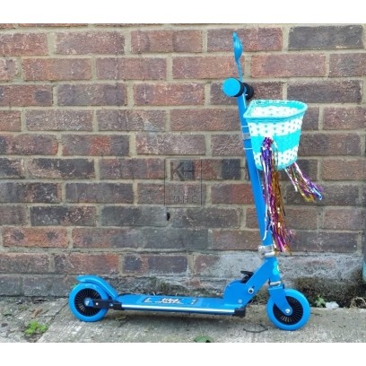 Childs blue scooter with basket